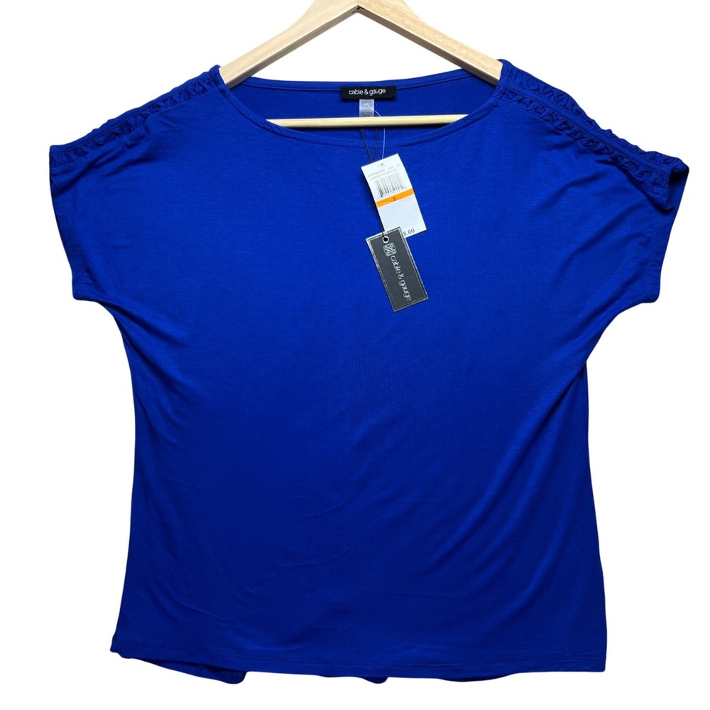 Cable & Gauge Women's Royal Blue Short Sleeve Crochet Top Nautical‎ Coastal S